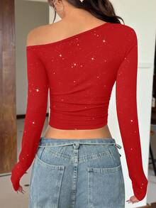 SHEIN EZwear 亮片针织女式新款音乐节不对称肩部短款褶皱长袖T恤 - 紅色 - 查看 2