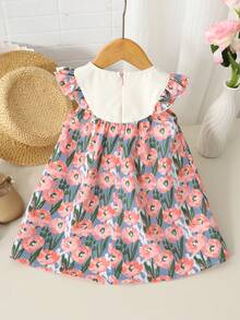 女婴春夏休闲度假甜美碎花印花拼接刺绣荷叶边宽松A字连衣裙，粉色梭织印花连衣裙 - 粉色 - 查看 3