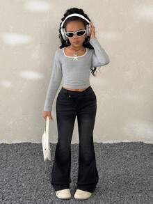 Tween Girls Summer/Winter/Spring Eans Black Skinny Flared Pants Cross Waist Flared Jeans Flare Leggings Fall Girl Clothes Fall,Parent-Child Clothing,New Year ,Party - Black - View 2