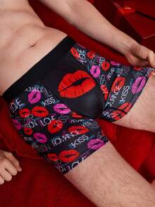 Notgurli Valentine's Day Lip Print Romantic Contrast Color Cartoon Graffiti Comic Street Style Family Party Men's Mid-Rise Briefs, Romantic Gift - Black - View 1