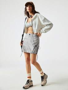 SoleilVie Saia Curta de Cintura Alta com Bolsos Laterais com Cordão, Estilo Utilitário para Mulheres