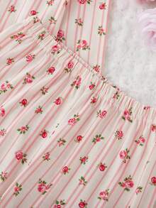 2件套女童碎花针织长袖上衣和裤子睡衣套装，春夏款 - 粉色 - 查看 7