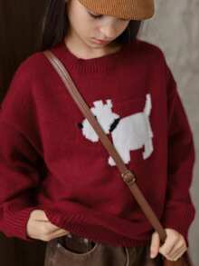 DAZY 少女圆领宽松蝴蝶结图案毛衣，秋冬季 - 紅色 - 查看 3