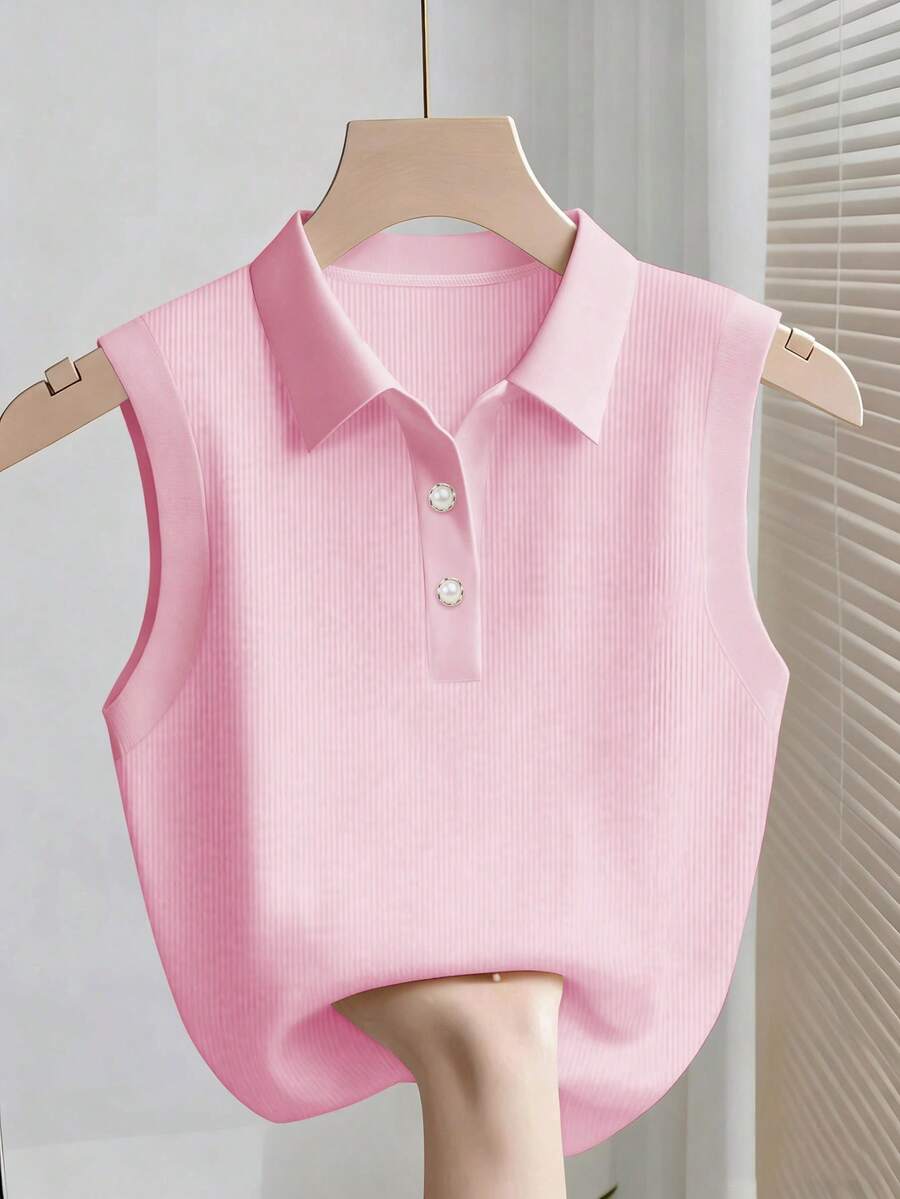 SHEIN Franclia 女士时尚优雅无袖背心，简约纯色，夏季 - 粉色 - 查看 1