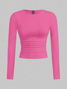 SHEIN EZwear 休闲百搭多色针织女式修身T恤多件装上衣 女式露脐上衣 长袖露脐上衣 女式长袖上衣 紧身上衣 女式露脐上衣 女式长袖上衣 - 玫紅色 - 查看 3