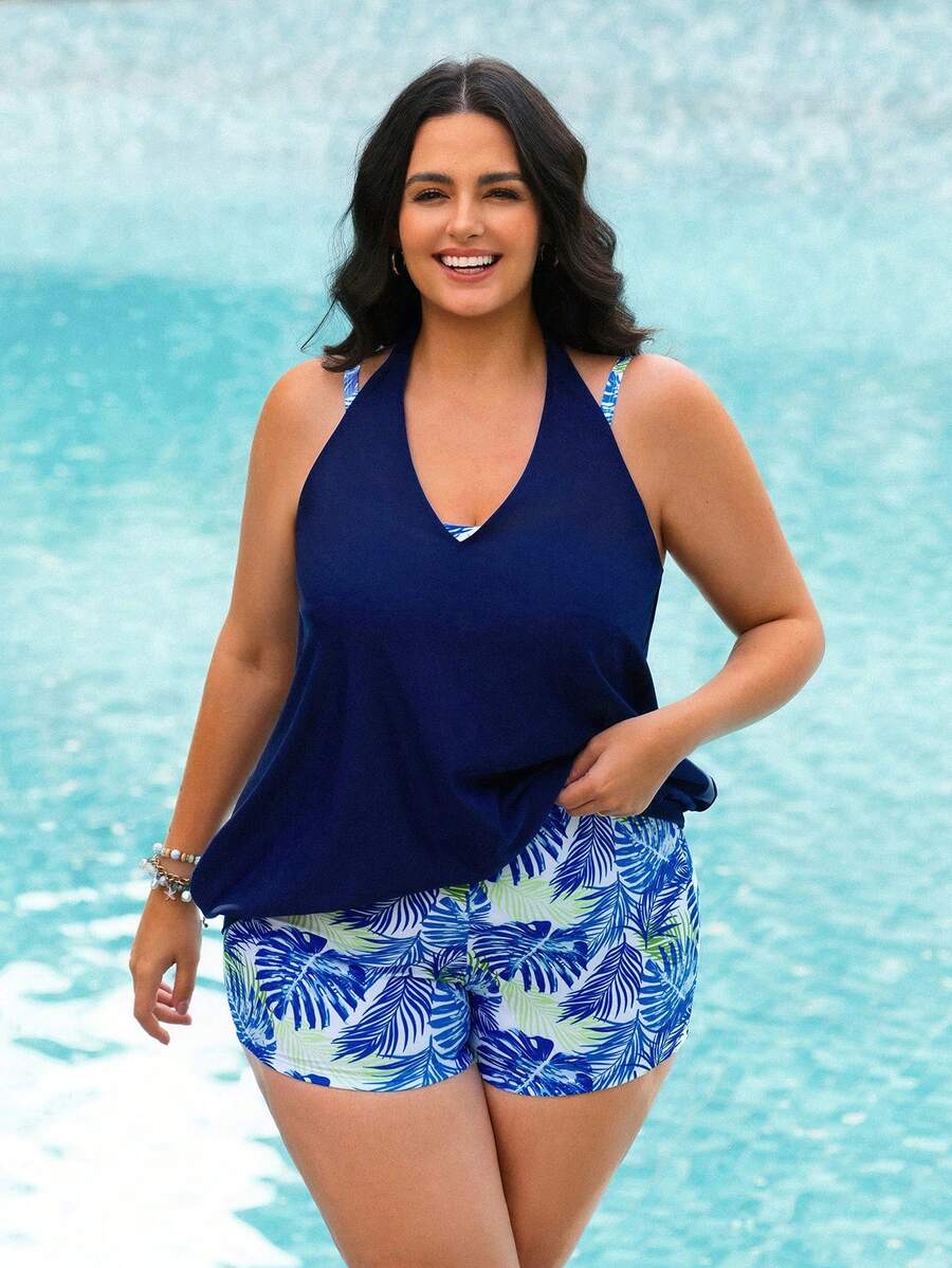 Swim Lushoire 2pcs Plus Size Women Halter Neck Printed Tankini Swimsuit Set - Multicolor - View 1