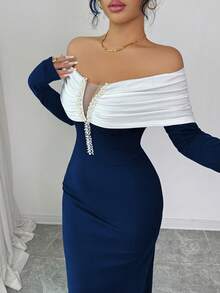 SHEIN Elenzya 女士优雅黑色露肩珍珠装饰连衣裙，适合日常穿着、婚礼、晚宴、通勤、毕业典礼、节日、约会、派对、万圣节、圣诞节、新年、感恩节等场合。 - 藏蓝色 - 查看 3