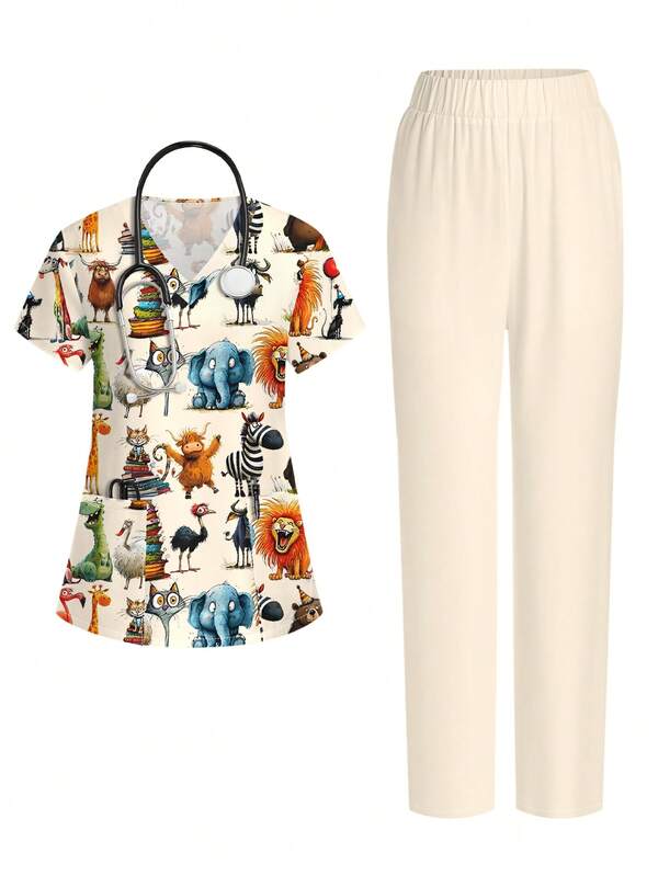 PopScrub ชุดเซ็ตเครื่องแบบเสื้อสครับแขนสั้นคอวีพิมพ์ลายการ์ตูนสัตว์สำหรับผู้หญิงมีกระเป๋าและกางเกงผ่าชายเสื้อแฟชั่นสำหรับฤดูใบไม้ผลิ/ฤดูร้อน