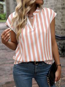 EMERY ROSE Women's Casual Everyday Commute Vacation Striped Print Notch Collar Cap Sleeve Loose Blouse, Summer - Pink - View 4