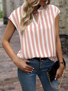EMERY ROSE Women's Casual Everyday Commute Vacation Striped Print Notch Collar Cap Sleeve Loose Blouse, Summer - Pink - View 5