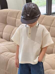 SHEIN Little Byeori 1件男童休闲舒适时尚百搭柔软宽松短袖polo衫，适合春、夏、秋季日常穿着、运动、郊游、上学、聚会、节日、拍照等场合。 - 白色 - 查看 5