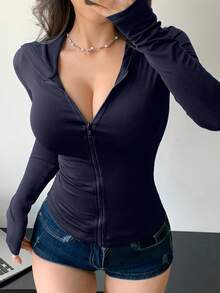 DAZY 1 件女式连帽纯色拉链长袖修身 T 恤，春秋季，返校服装，秋季女装 - 藏蓝色 - 查看 1