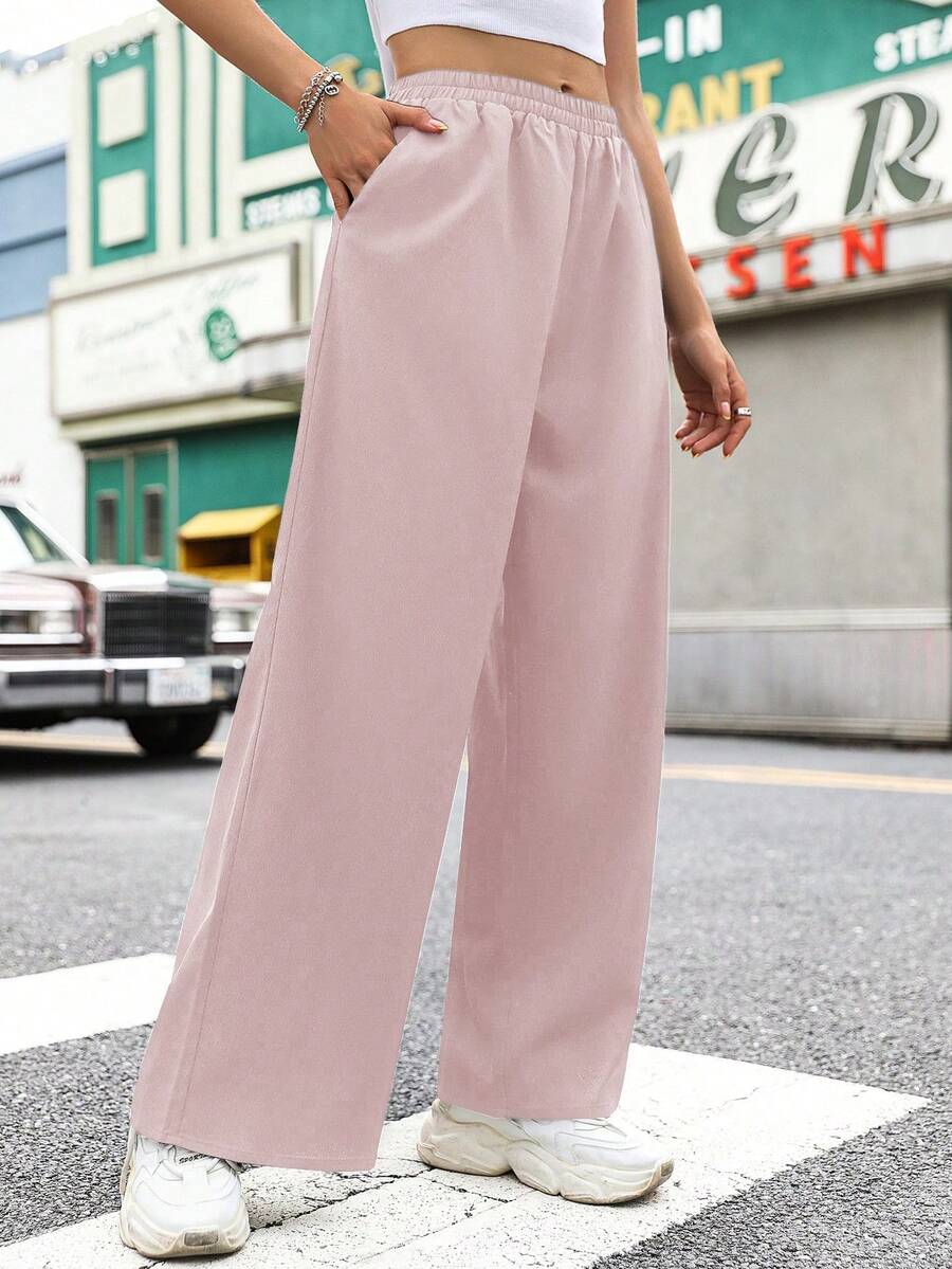 SHEIN Unity Women's Casual Solid Color Basic Pocket Wide Leg Pants - Baby Pink - View 1