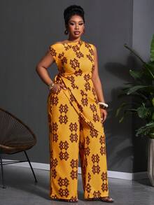 Veslaya Conjunto de top corto con hombros asimétricos y pantalones de pierna ancha con estampado floral amarillo, estilo de festival de música, Pascua, occidental y nómada, adecuado para fiesta de cumpleaños, casual, vacaciones, crucero, playa, fiesta elegante y uso diario, talla grande, primavera temprana 2026 - Multicolor - Ver 4