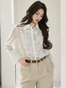 Modelyn Women's Solid Color Loose Long Flare Sleeve Elegant Lace Blouse - White - View 6