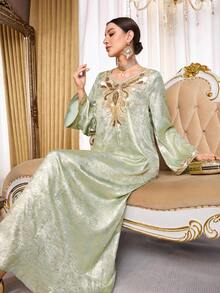 Al Najma Vestido longo turco feminino vintage com decote em V, mangas compridas e modelagem solta, estilo robe tradicional árabe. - Damasco - Ver 7