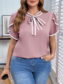 Reflora Plus Size Color Block Trim Flare Sleeve Loose Elegant Blouse - Baby Pink - View 1