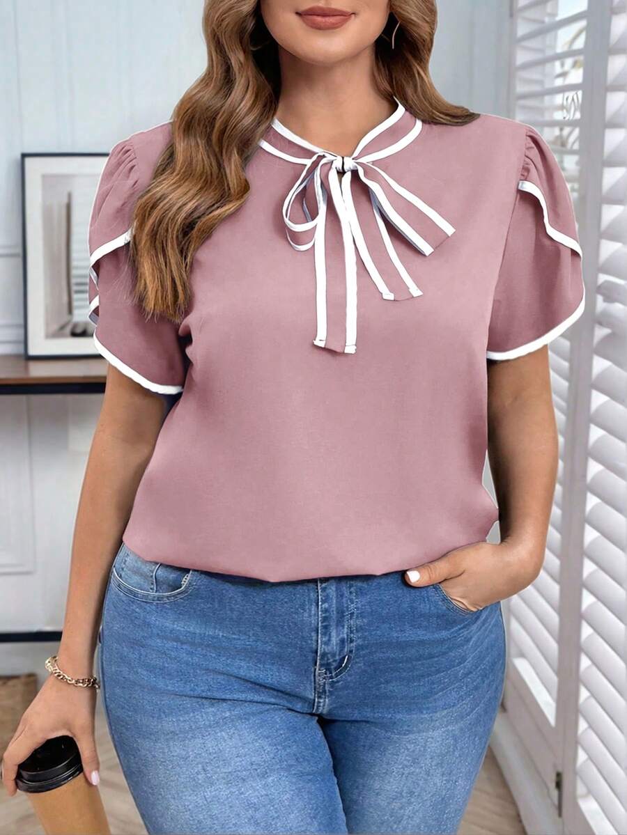 Reflora Plus Size Color Block Trim Flare Sleeve Loose Elegant Blouse - Baby Pink - View 1
