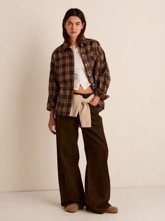 قميص أزرار من خلال الطباعة الطرطان بأكمام طويلة