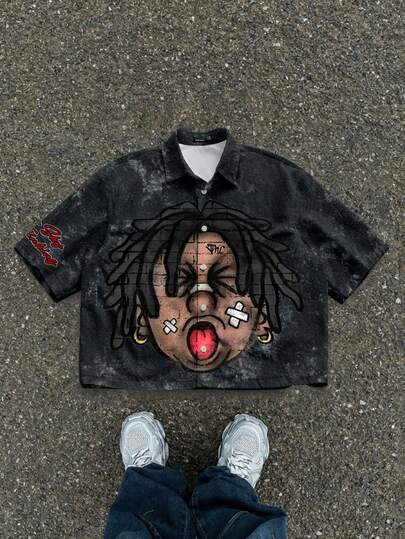 Manfinity ZONE917 Oversized Distressed Graphic Tee Shirt With Funny Face Print, Suitable For Summer Wear, Men Short Sleeve Shirt