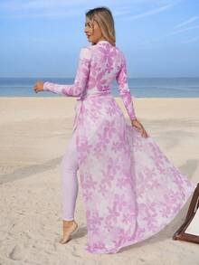 Swim Mulvari Spring/Summer Women's New Pink Floral Print 4-Piece Set: One-Piece Swimsuit With Sheer Skirt, Long Sleeve Top, And Slim Fit Pants, Modest Yet Fashionable Vacation Burkini Long Beach Dress Resort Wear Women Pink Floral Maxi Dress Long Sleeve Maxi Dresses Orchid Dress - Pink - View 6