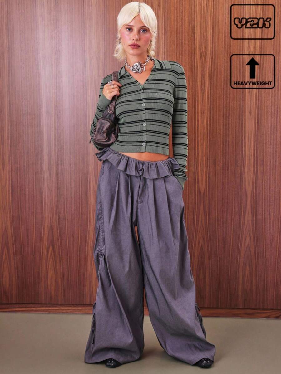 COUREZ 条纹修身针织长袖 Polo 衫 / Y2K 风格，适合外出穿着，春季百搭，返校季必备。 - 彩色 - 查看 1