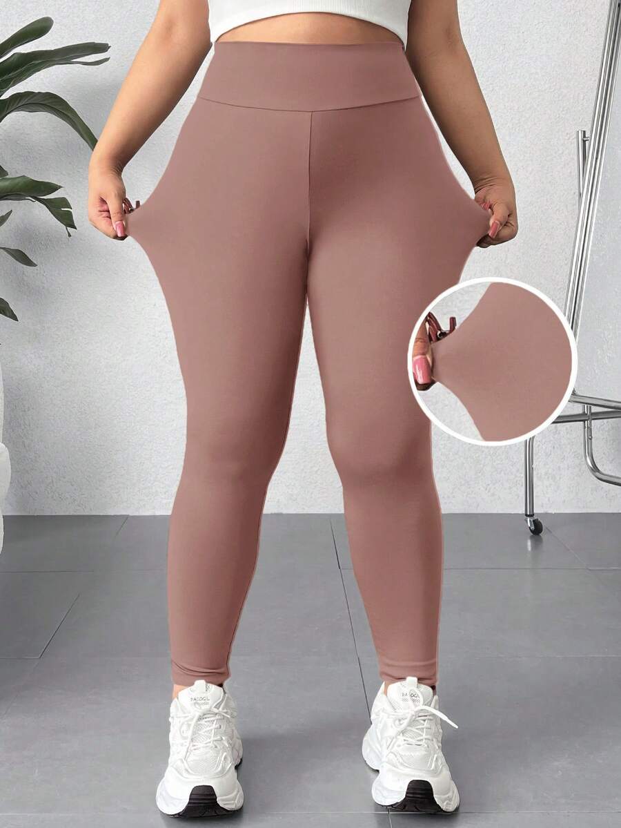 SHEIN EZwear 大码纯色高腰休闲打底裤 - 卡其色 - 查看 1