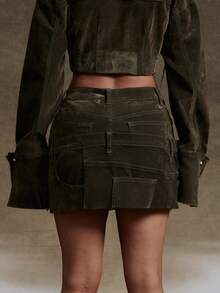 Denimoi Chân váy ngắn denim nhung xếp lớp cạp đôi, thời trang thu đông, gợi cảm và sành điệu. - xanh quân đội - Xem 3