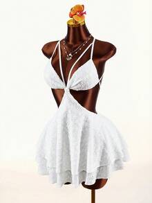 Amplova 女士性感露背迷你连衣裙，激光切割刺绣，镂空腰身和荷叶边下摆 - 白色 - 查看 3