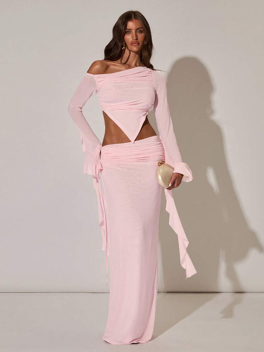 SHEIN BAE Women's Sexy Ruched Mesh Backless Ruffle Sleeve Blouse, Vacation Mesh Top, Suitable For Beach, Holiday Wear, Pink Mesh Backless Blouse - Baby Pink - View 1