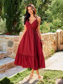 KARISMINA 女士红色蕾丝拼接吊带度假连衣裙，情人节连衣裙 - 酒紅色 - 查看 3