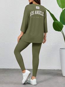 Mulvari 2pcs Women Casual Letter Print T-Shirt And Skinny Pants Set Jogger Sets For Women Comfy Sets Women 2 Piece Lounge Sets Woman 2 Piece Casual Sets Woman - Army Green - View 5