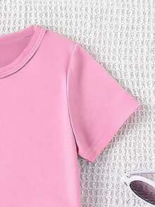 2件套女童时尚可爱蝴蝶结小猫印花圆领短袖T恤上衣和短裤套装，春夏款，粉色上衣搭配黑色短裤，适合休闲外出穿着 - 彩色 - 查看 5