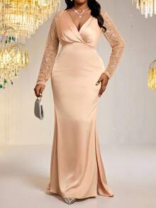 Fleurora 大码女式优雅蕾丝拼布紧身派对连衣裙 - 香檳色 - 查看 6