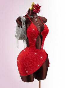 Zestiva Women's 2 Pieces Rhinestone Embellished Halter Neck Cutout One-Piece Swimsuit With Tie-Up Skirt, Summer,Carnival Women Look 2026,Valentine's Day Outfit,Beach Outfit,Party,Red,Sparkly Dress - Red - View 5