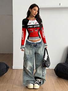 Coolane Women's Casual Sporty Red & Black Contrast Retro Numeric & Letter Placement Print T-Shirt, Suitable For Early Spring, Sports Season, Street Style Women's Long Sleeve Tops - Multicolor - View 3