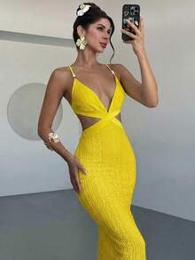 Firerie 女士白色提花串珠系带露背修身开衩连衣裙，性感度假连衣裙，春夏服装，沙滩装，通勤装，优雅，性感，度假，海滩，波西米亚风，夏威夷，音乐节，浪漫，约会装 - 鵝黃色 - 查看 8