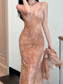 DAZY Women's Tie-Dye Print Tie Front Flare Sleeve Ruffle Hem Top And Spaghetti Strap Dress Elegant 2 Piece Set - Orange - View 5