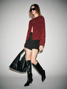 Lumivelle 酒红色心形提花系带针织开衫，春夏款 - 酒紅色 - 查看 7