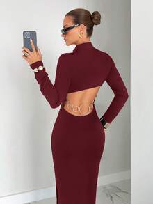 Siren Gaze Women's Solid Color Ring Decor Backless Fitted Long Sleeve Dress Spring Valentine's Day Party Elegant Red Wedding - Burgundy - View 2