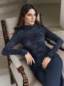 Anewsta High Quality Fashion Women's Embroidered Pleated Textured Mock Neck Long Sleeve Top - Royal Blue - View 6