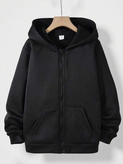 SHEIN Vacaura Tween 男童纯色保暖内衬拉链连帽衫，秋冬款