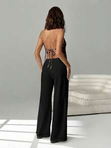 SHEIN EZwear 性感豹纹系带露背吊带背心搭配黑色阔腿抽绳裤两件套，适合夜店、度假、海滩、锐舞派对、夏威夷等场合。女士度假套装，女士两件套夏季套装。 - 彩色 - 查看 2