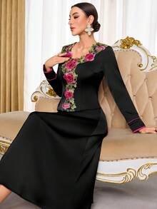 Al Najma 女士优雅阿拉伯风格长袖连衣裙，饰有贴花 - 黑色 - 查看 1