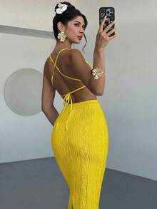 Firerie 女士白色提花串珠系带露背修身开衩连衣裙，性感度假连衣裙，春夏服装，沙滩装，通勤装，优雅，性感，度假，海滩，波西米亚风，夏威夷，音乐节，浪漫，约会装 - 鵝黃色 - 查看 5