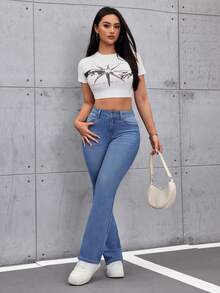 SHEIN Tall Women's Casual Flare Leg Jeans With Pockets - Blue - View 5