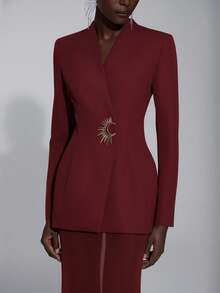 Elitara Elegant, Romantic, Sexy, Minimalist, Light Pink Blazer Silhouette Jacket And Fishtail Ruffle Hem Maxi Skirt Set, Fashionable, Influencer Style, Suitable For Holidays, Vacations, Birthday Parties, Weddings, Formal Dinners - Burgundy - View 3