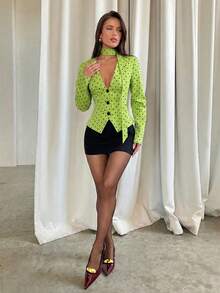 Aloruh Women's Elegant Polka Dot Print Deep V-Neck Fitted Blazer Jacket With Tie, Suitable For Work And Commute - Mint Green - View 8