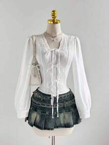 Sweetra Elegant French Lady Style Pure White Floral Lace Patchwork Unique Button Front Design Women Blouse, Early Autumn Fashion - White - View 1