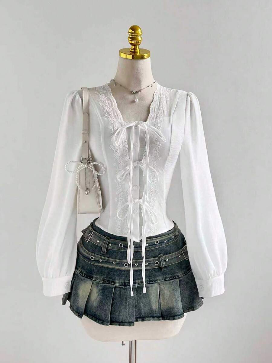 Sweetra Elegant French Lady Style Pure White Floral Lace Patchwork Unique Button Front Design Women Blouse, Early Autumn Fashion - White - View 1